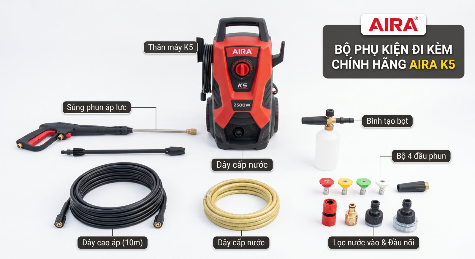 Máy rửa xe AIRA K5 - bộ phụ kiện đi kèm chính hãng