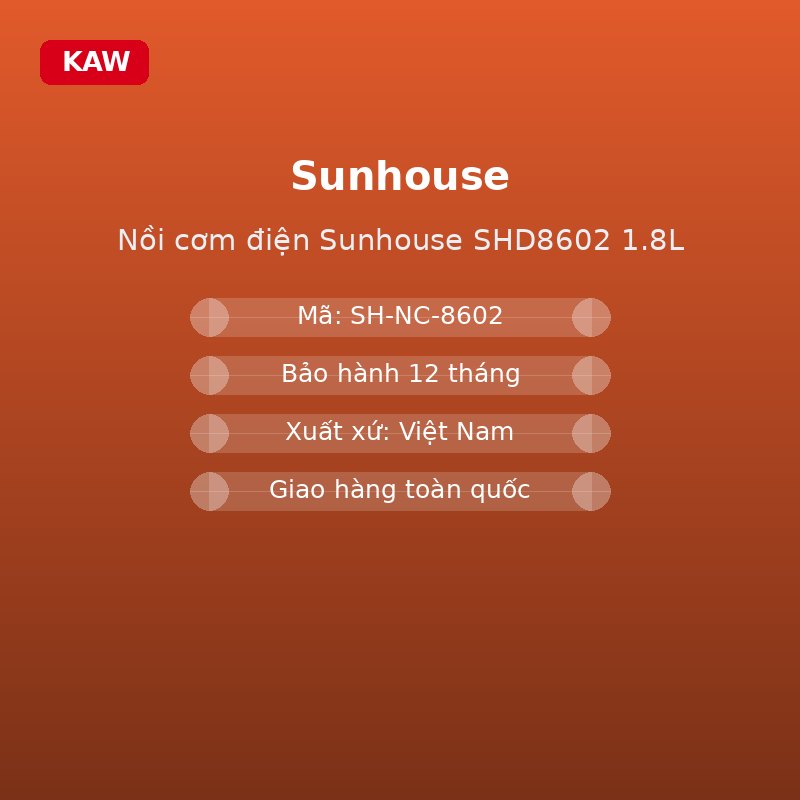 Nồi cơm điện Sunhouse SHD8602 1.8L - thông số