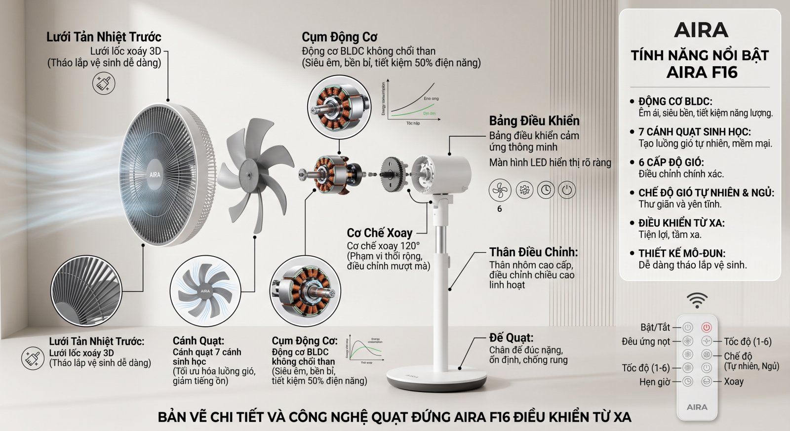 Quạt đứng AIRA F16 - cấu tạo chi tiết và tính năng nổi bật