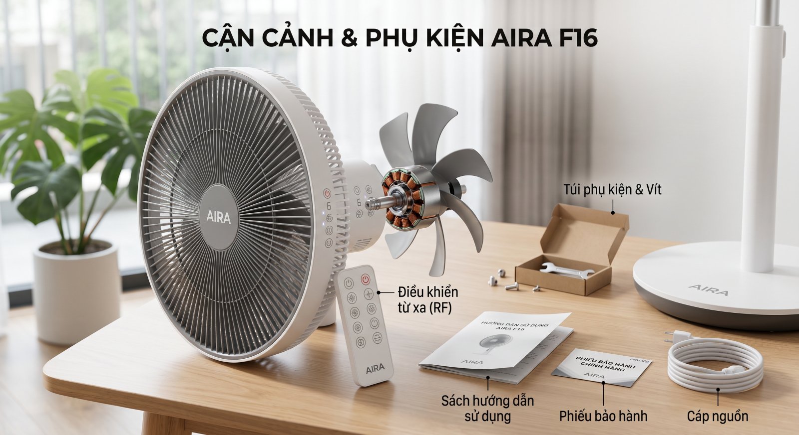 Quạt đứng AIRA F16 - cận cảnh động cơ BLDC và phụ kiện đi kèm