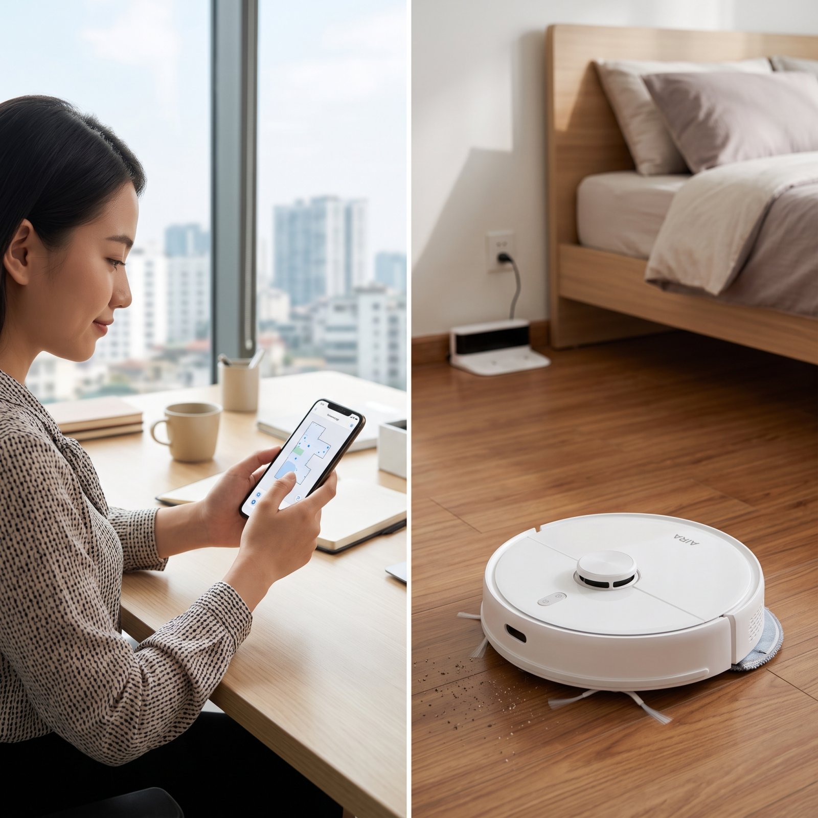Điều khiển robot AIRA R9 Pro qua app khi đi làm, robot tự dọn phòng ngủ