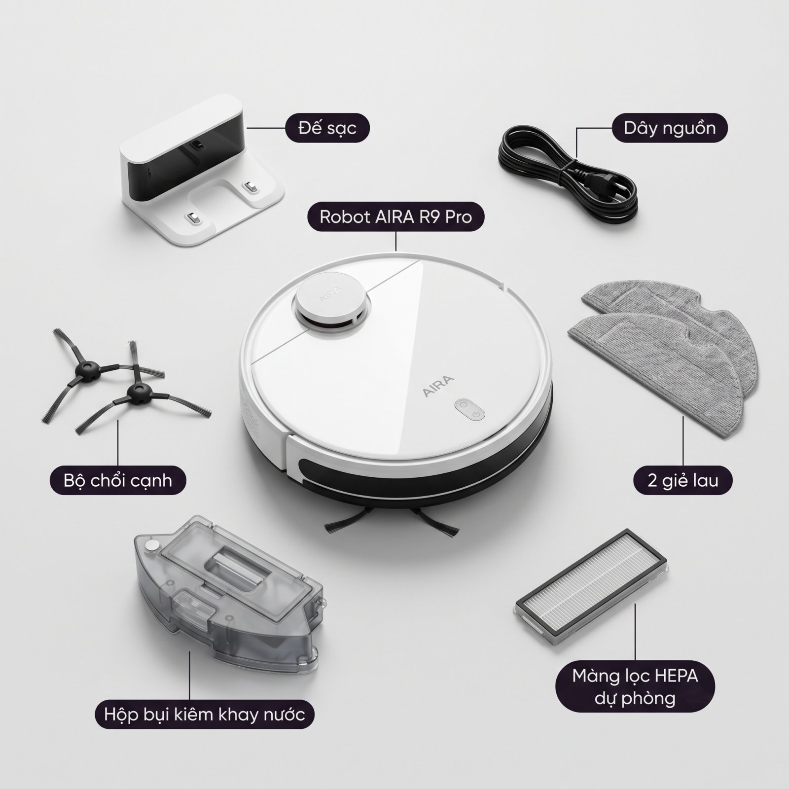 Robot AIRA R9 Pro - bộ phụ kiện: đế sạc, chổi cạnh, giẻ lau, hộp bụi, màng lọc HEPA
